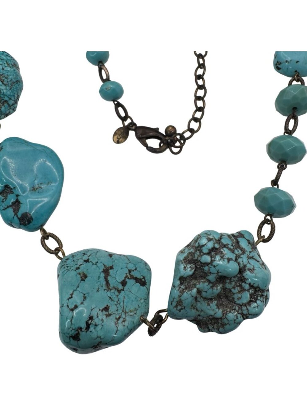 Chicos Chunky Turquoise Statement Necklace Vintage Bronze Chain 41" Bold Heavy - Picture 8 of 9